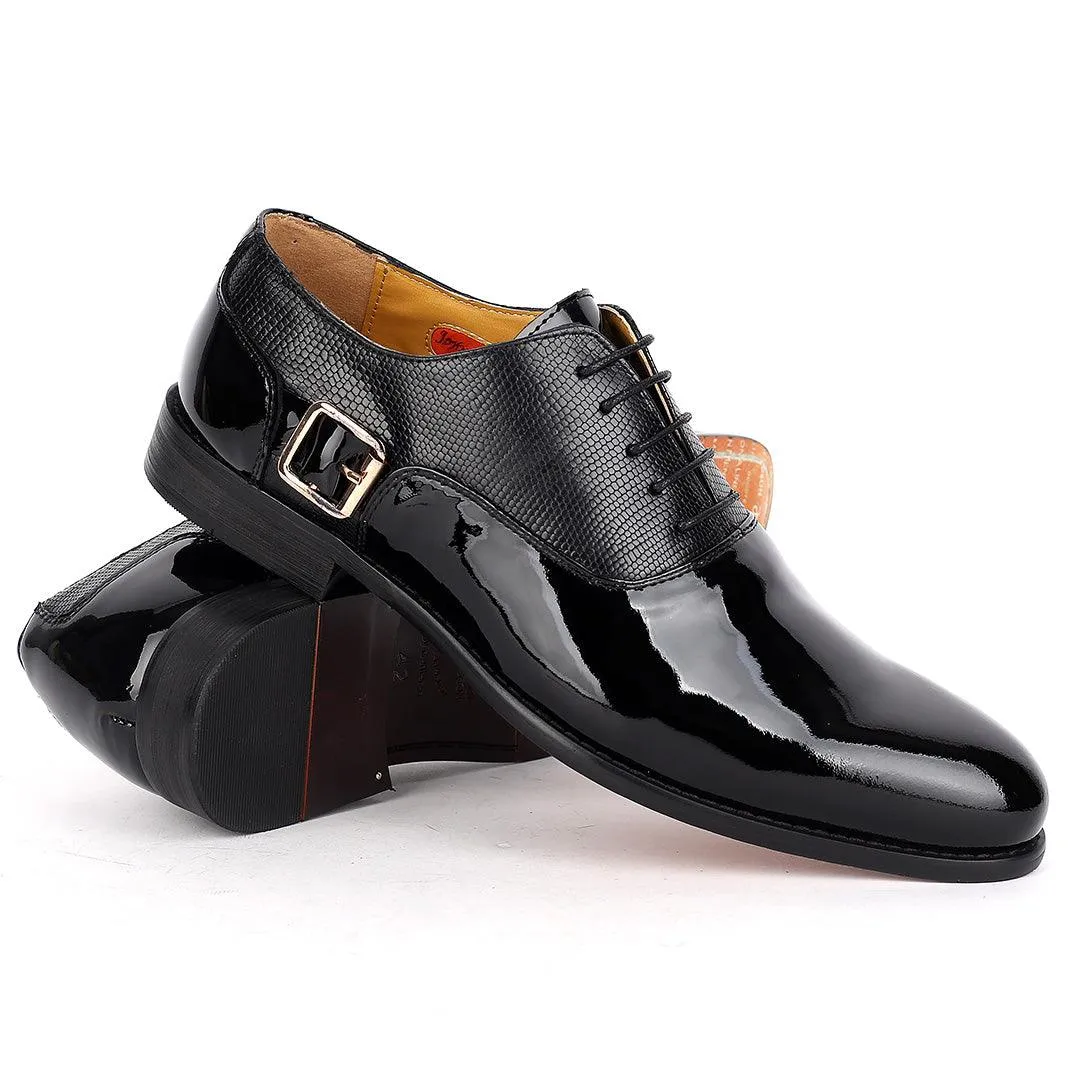 John Mendson Royal Glossy Black Leather Shoe With Side Belt Design