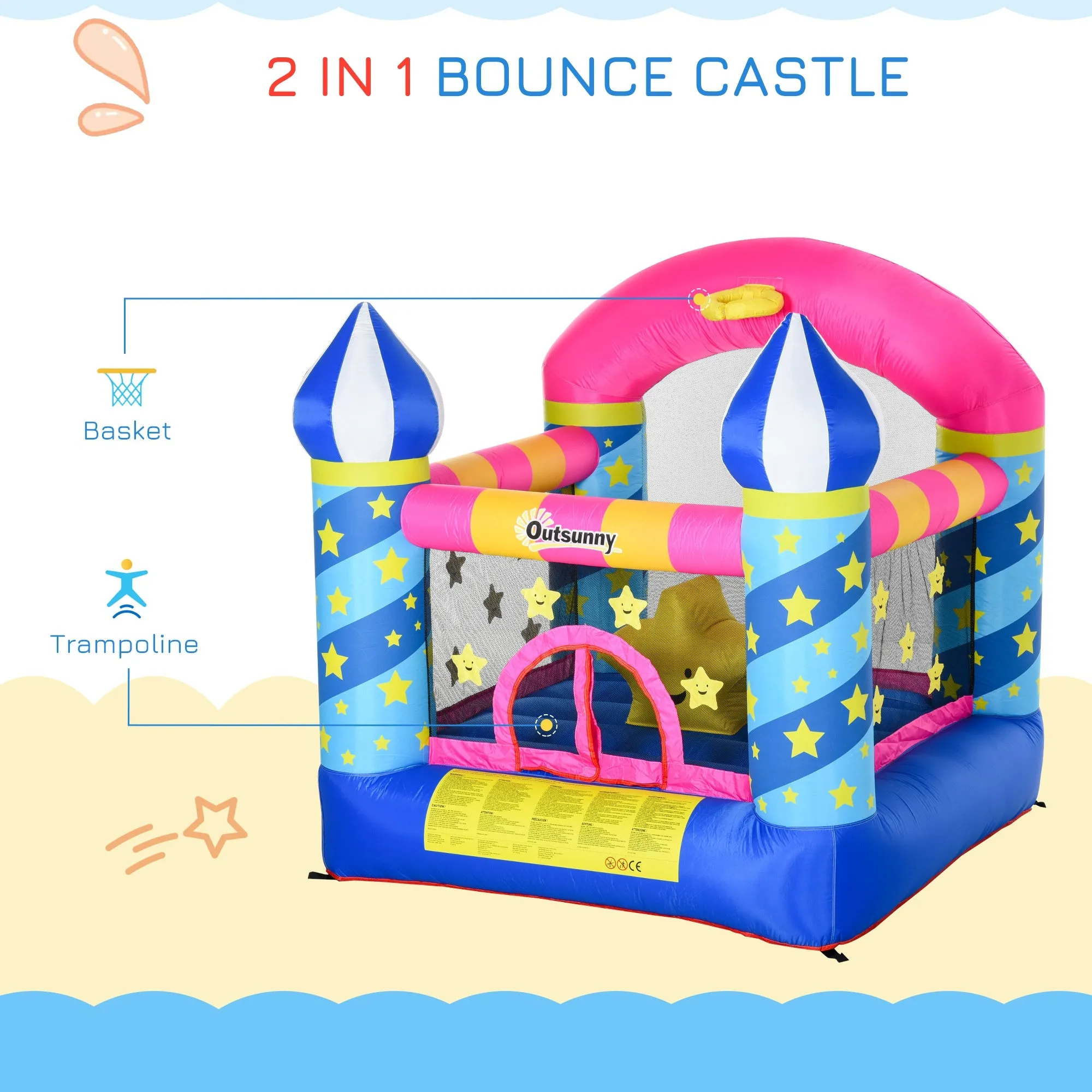 Kids Bounce Castle House Inflatable Trampoline Basket with Inflator for Age 3-12 Castle Stars Design 2.25 x 2.2 x 2.15m