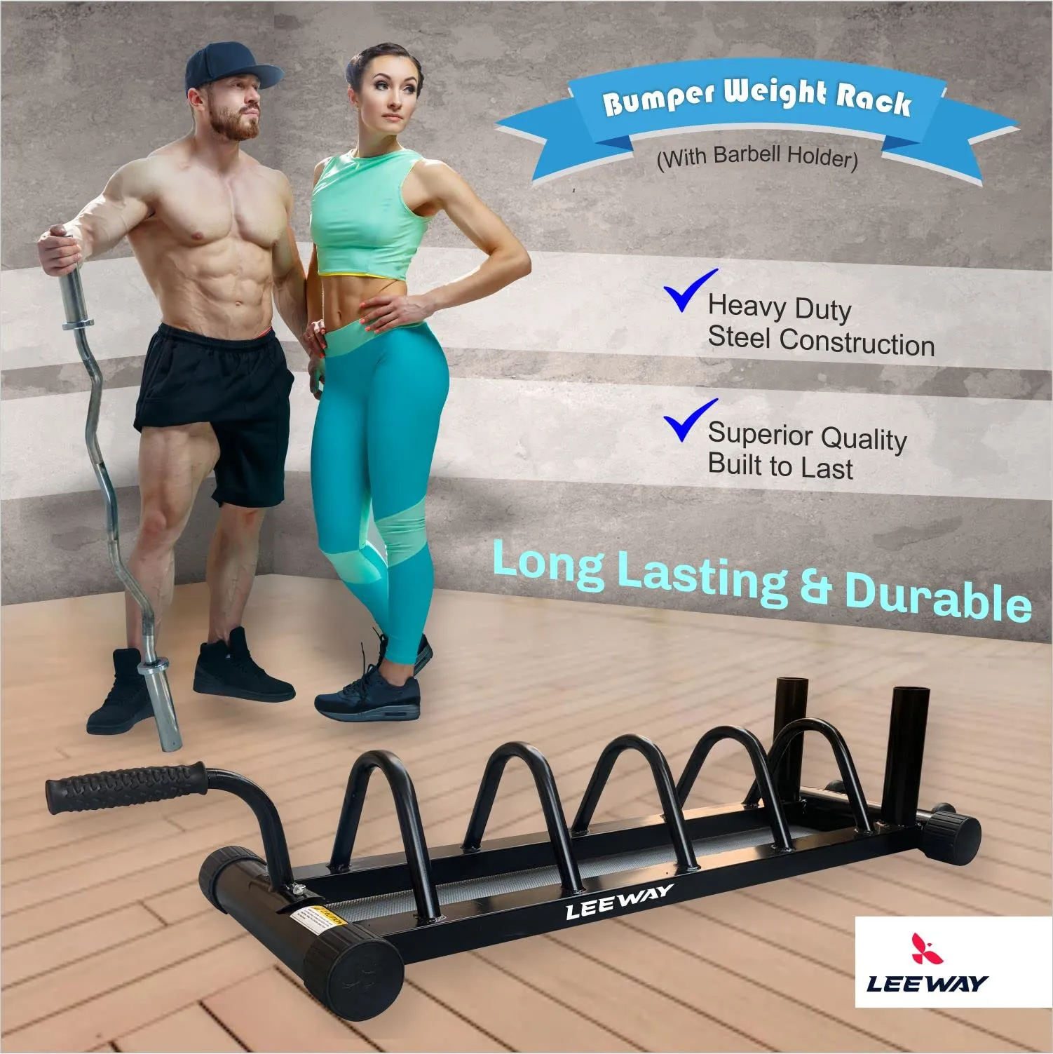 LEEWAY Olympic Bar and Bumper Weight Plates Storage Rack, Plate Stand and bar Holder, Weight Plate Rack with Barbell Holders, Weight Plate Organizer Compact Exercise Equipment Storage Rack