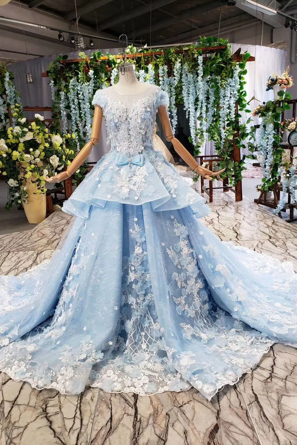 Light Sky Blue Gorgeous Prom Dress with Flowers, Ball Gown Quinceanera Dress with Beads UQ2197