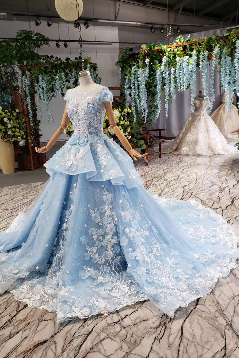 Light Sky Blue Gorgeous Prom Dress with Flowers, Ball Gown Quinceanera Dress with Beads UQ2197