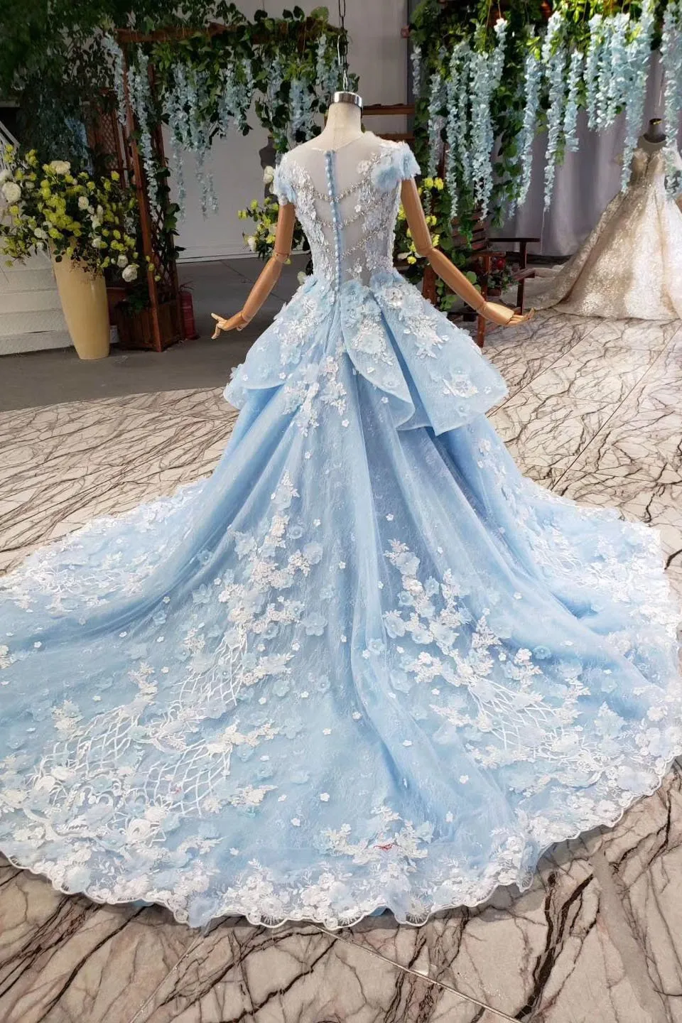 Light Sky Blue Gorgeous Prom Dress with Flowers, Ball Gown Quinceanera Dress with Beads UQ2197