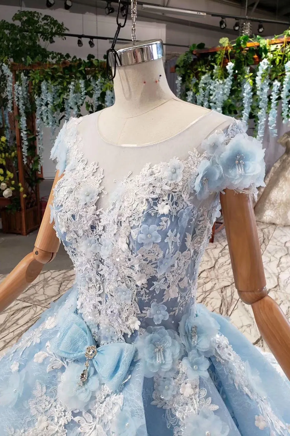 Light Sky Blue Gorgeous Prom Dress with Flowers, Ball Gown Quinceanera Dress with Beads UQ2197