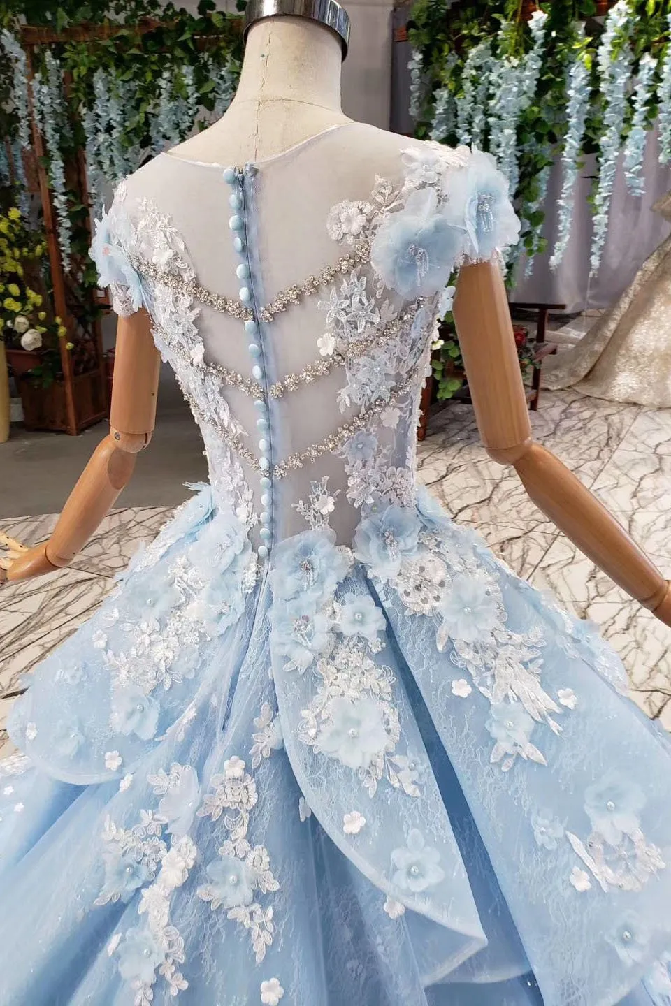 Light Sky Blue Gorgeous Prom Dress with Flowers, Ball Gown Quinceanera Dress with Beads UQ2197