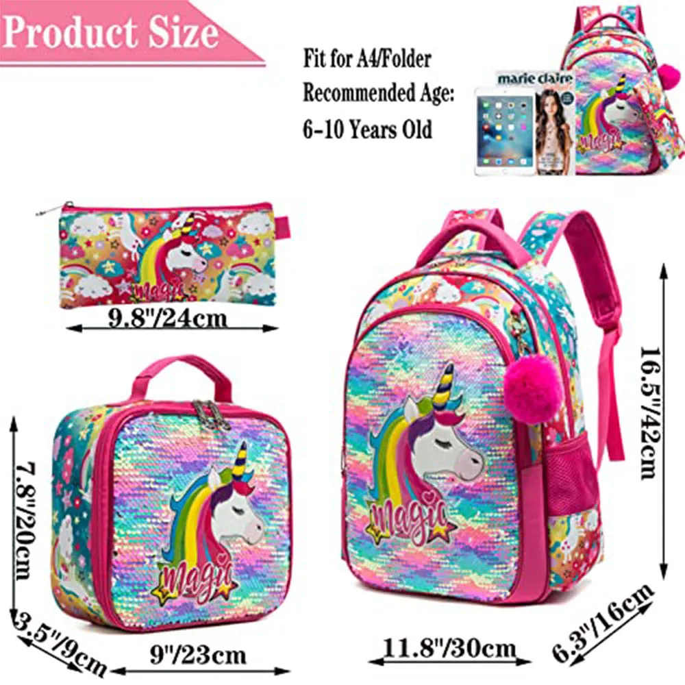 (NET) Backpack Set for Girls  Magic Glitter Lightweight School Backpack Shiny Backpack with Lunch Box / 1048-3