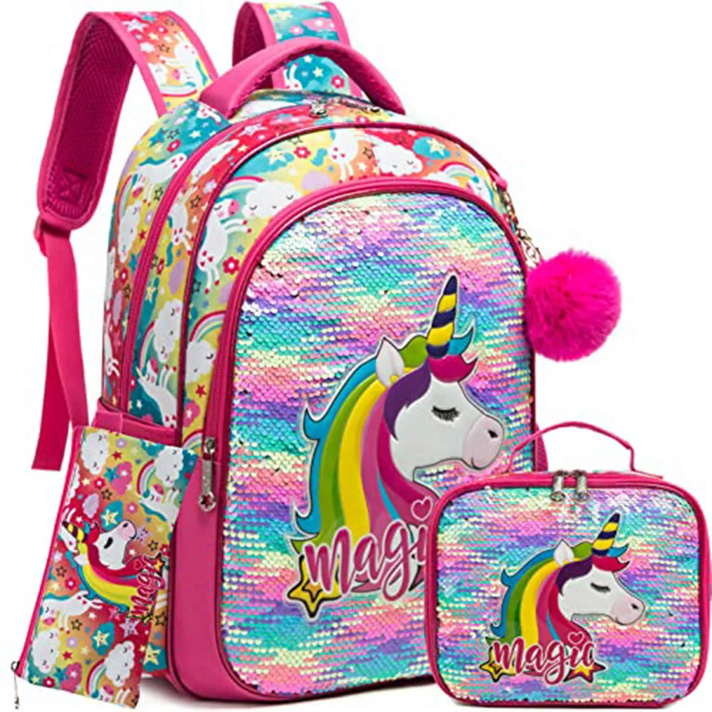 (NET) Backpack Set for Girls  Magic Glitter Lightweight School Backpack Shiny Backpack with Lunch Box / 1048-3