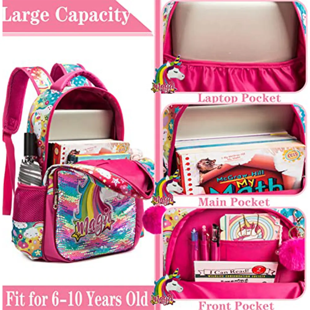 (NET) Backpack Set for Girls  Magic Glitter Lightweight School Backpack Shiny Backpack with Lunch Box / 1048-3