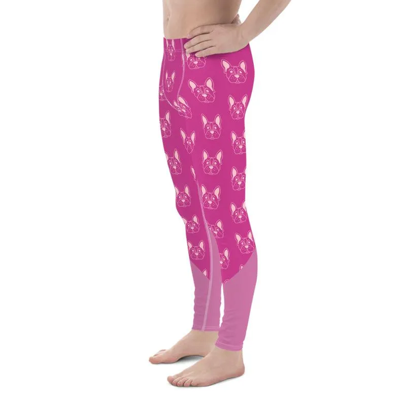 Pink French Bulldog Designer Men's Leggings Meggings Compression Best Tights Pants- Made in USA/ EU/ MX