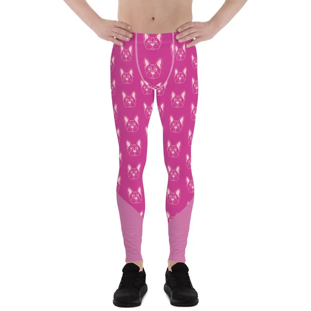 Pink French Bulldog Designer Men's Leggings Meggings Compression Best Tights Pants- Made in USA/ EU/ MX