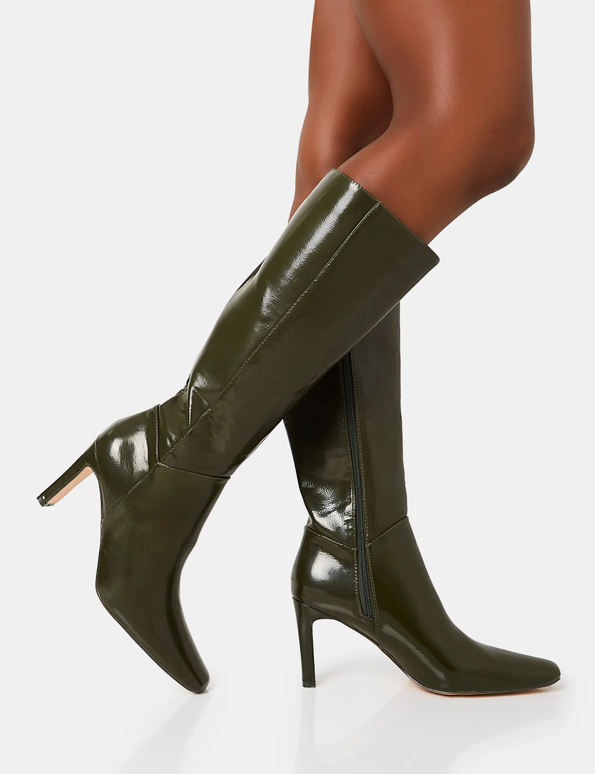 Pose Olive Textured Patent Pu Zip Up Knee High Slim Block Heeled Boots