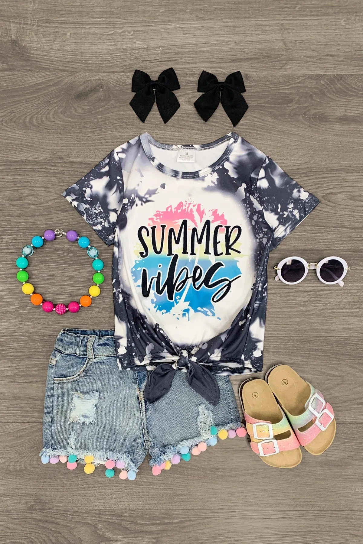 "Summer Vibes" Tie Top Pom Pom Denim Short Set