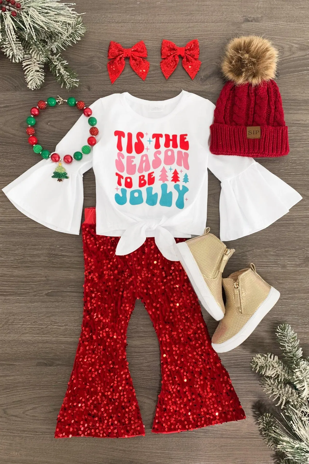 "Tis The Season To Be Jolly" Sequin Bell Bottom Set