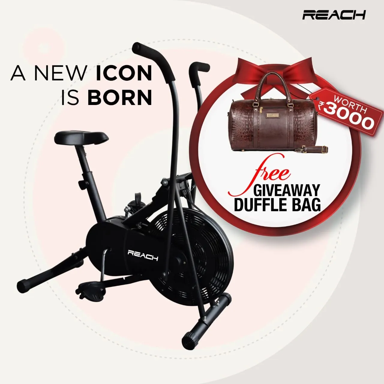 Reach Air Bike AB-110 Exercise Cycle With Moving Handles & Adjustable Cushioned Seat with free soft premium leatherette Travel Duffle Bag worth Rs.3000