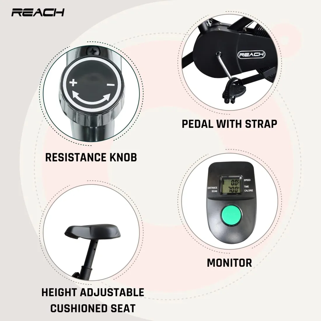 Reach Air Bike AB-110 Exercise Cycle With Moving Handles & Adjustable Cushioned Seat with free soft premium leatherette Travel Duffle Bag worth Rs.3000