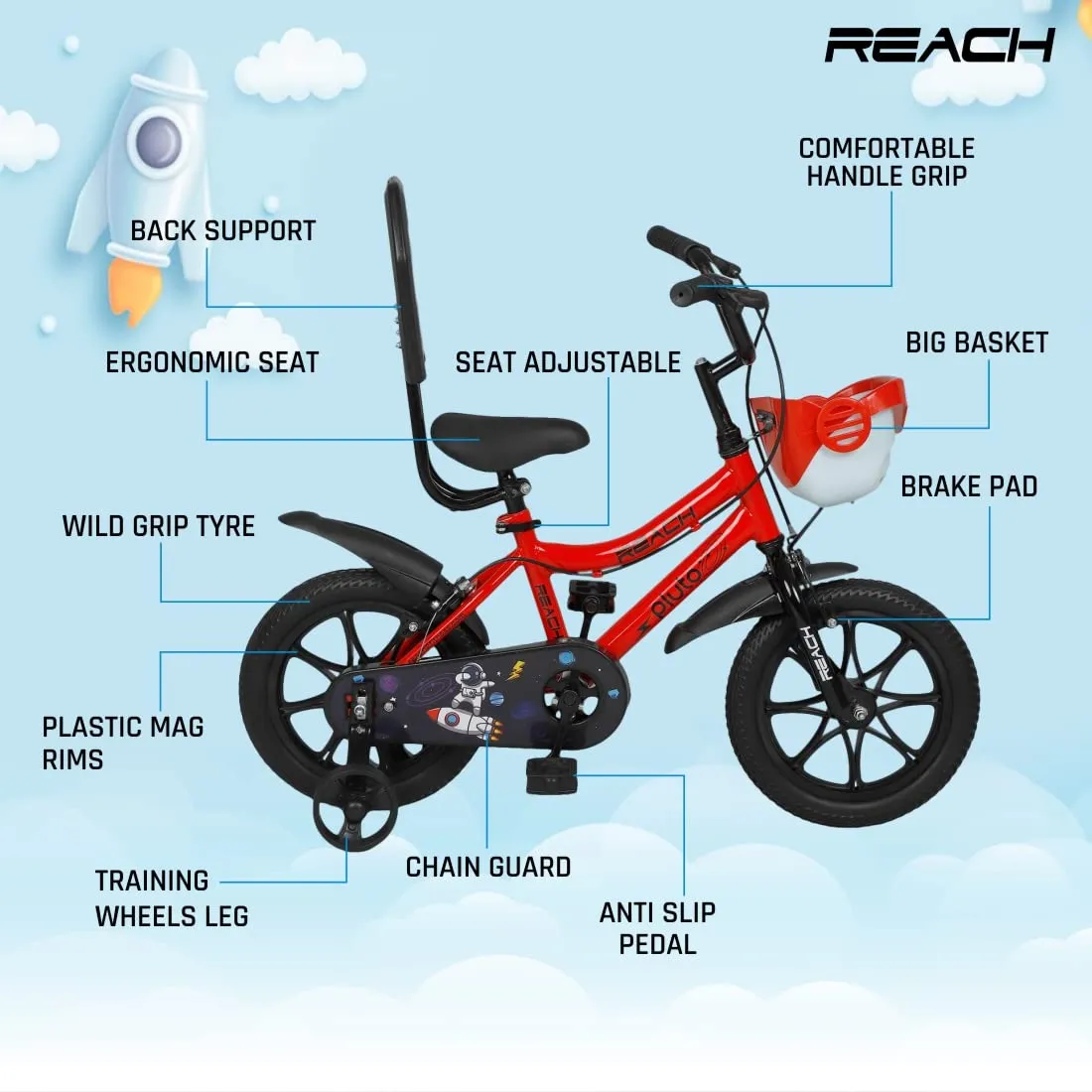 Reach Pluto 14T Juniors Kids Cycle with ‎Training Wheels, for Boys & Girls | 90% Assembled | Frame Size:12 Inch | Ideal for Height: 3 ft   | Ideal for Ages 2-5 Years