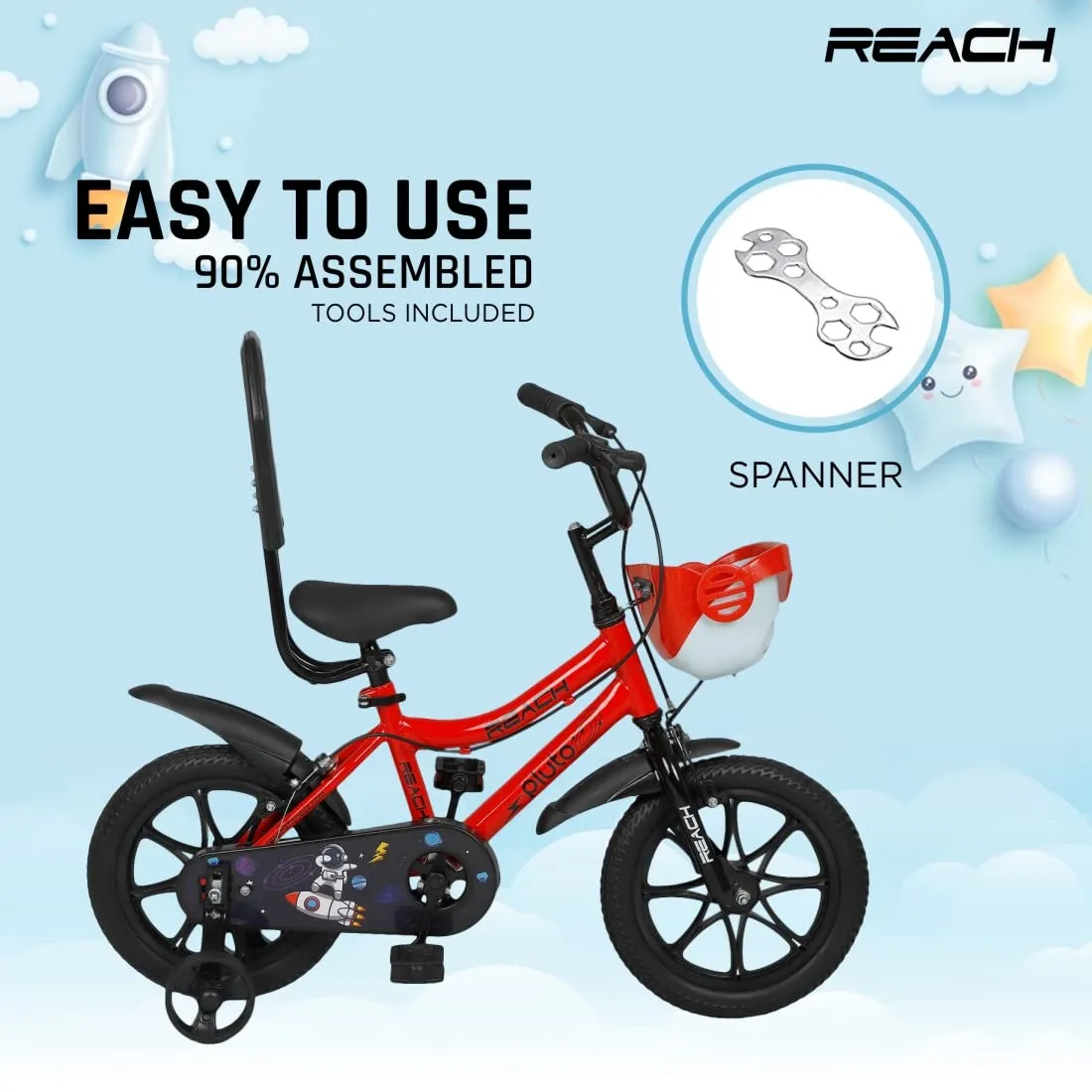 Reach Pluto 14T Juniors Kids Cycle with ‎Training Wheels, for Boys & Girls | 90% Assembled | Frame Size:12 Inch | Ideal for Height: 3 ft   | Ideal for Ages 2-5 Years