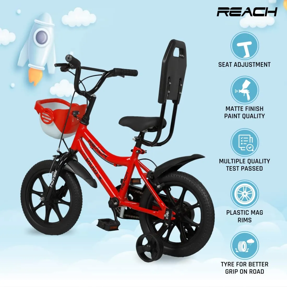 Reach Pluto 14T Juniors Kids Cycle with ‎Training Wheels, for Boys & Girls | 90% Assembled | Frame Size:12 Inch | Ideal for Height: 3 ft   | Ideal for Ages 2-5 Years