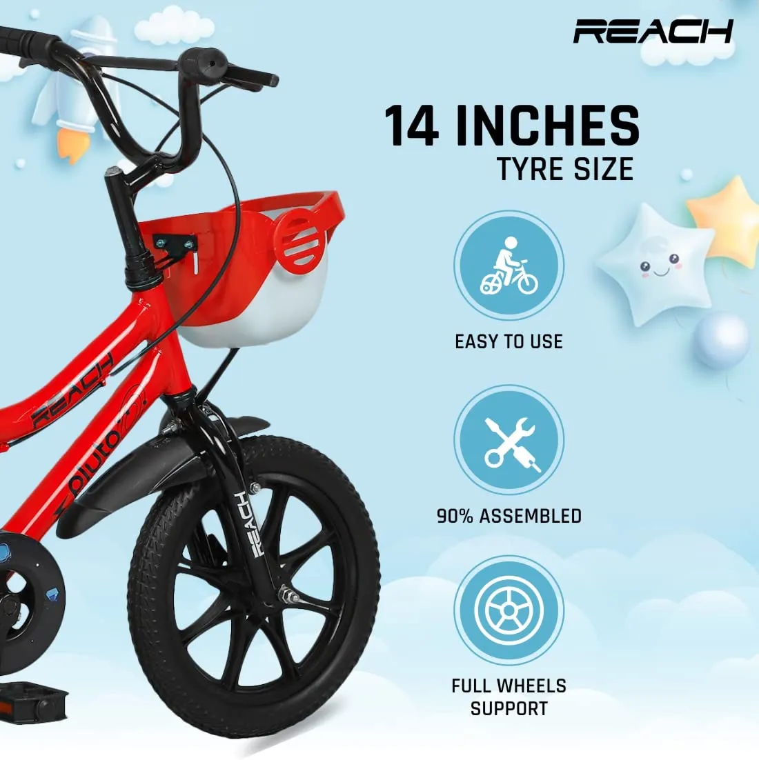 Reach Pluto 14T Juniors Kids Cycle with ‎Training Wheels, for Boys & Girls | 90% Assembled | Frame Size:12 Inch | Ideal for Height: 3 ft   | Ideal for Ages 2-5 Years