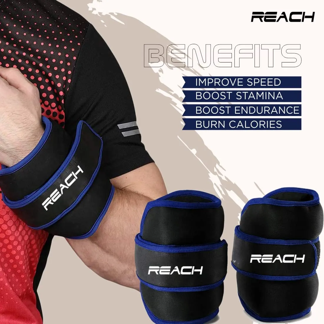 Reach Premium Ankle & Wrist Weight Bands 1.5 Kg X 2 Blue | Weights For Arms & Legs | Adjustable Gym Weights For Fitness Walking Running Jogging Exercise | Men & Women | 12 Months Warranty