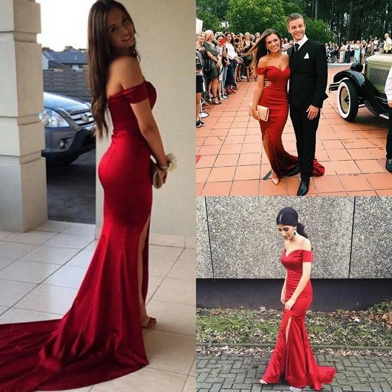 Red Off the Shoulder Split Mermaid Prom Dress, Long Formal Dresses with Slit UQ1685