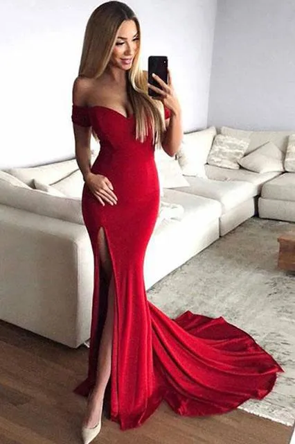 Red Off the Shoulder Split Mermaid Prom Dress, Long Formal Dresses with Slit UQ1685