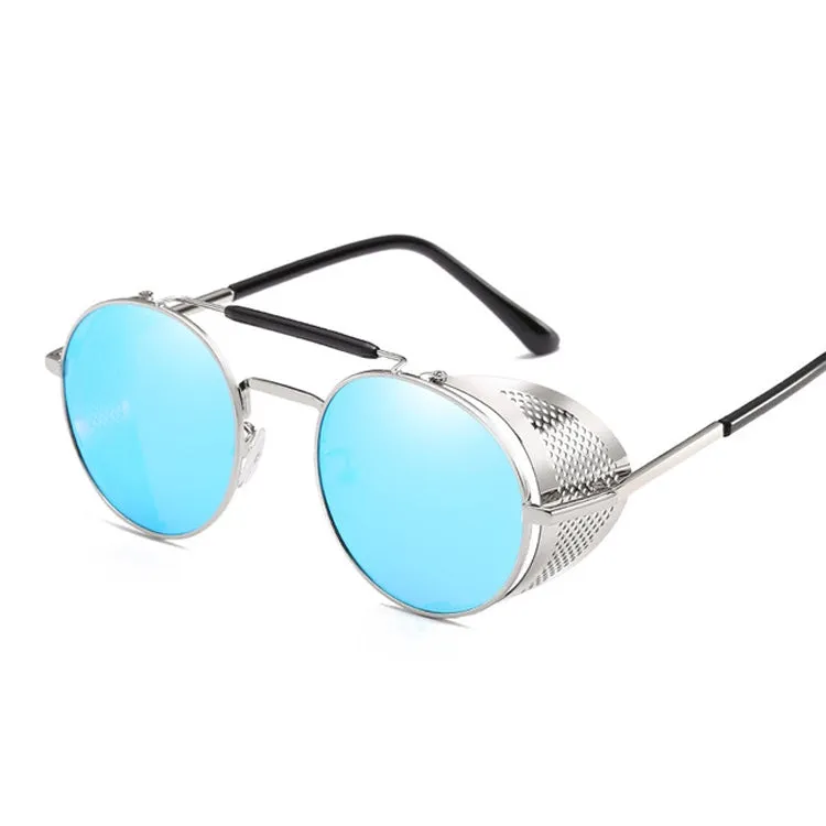 Retro Round Metal Sunglasses Unisex Design UV Protection Glasses(Silver Blue)