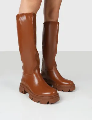 Sabrina Tan Knee High Chunky Sole Boots