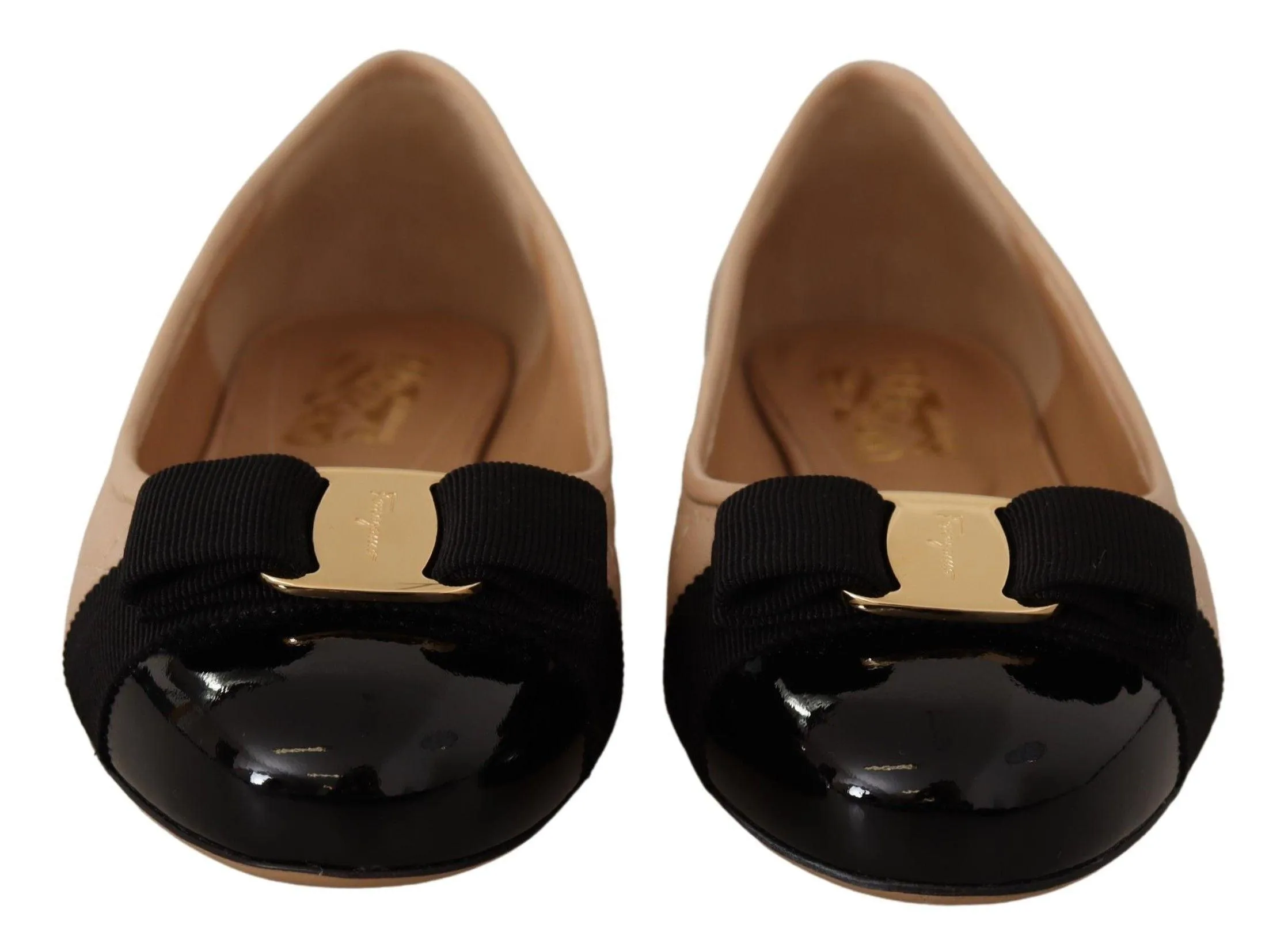 Salvatore Ferragamo Beige and Black Nappa Leather Ballet Flat Shoes