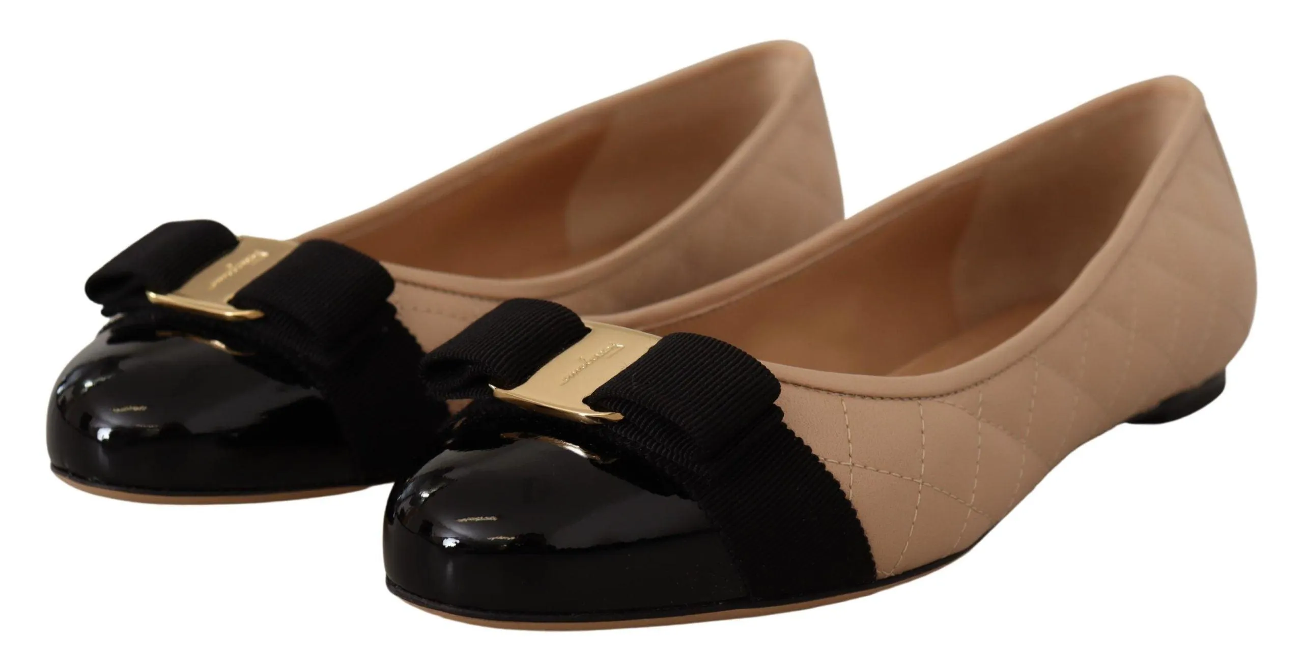 Salvatore Ferragamo Beige and Black Nappa Leather Ballet Flat Shoes