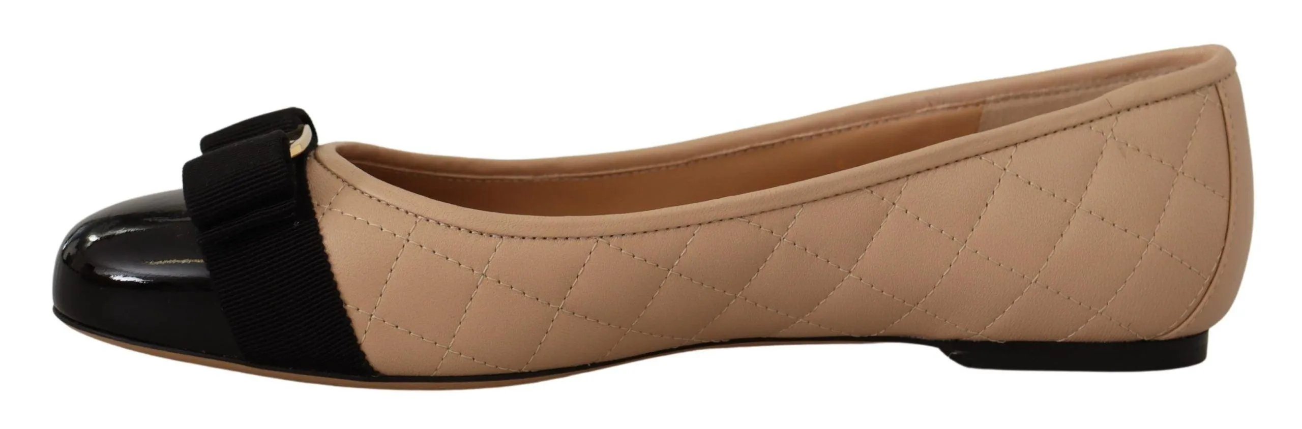 Salvatore Ferragamo Beige and Black Nappa Leather Ballet Flat Shoes