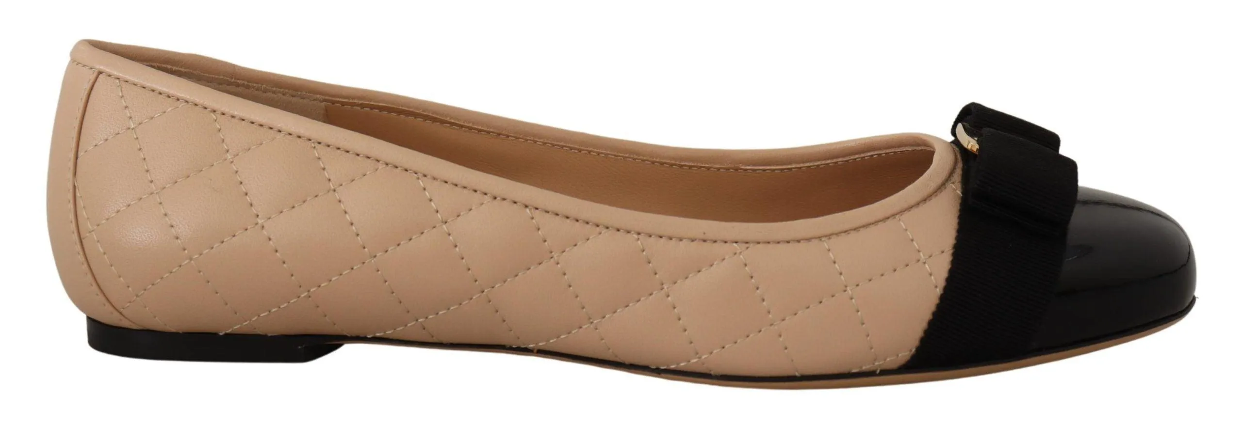 Salvatore Ferragamo Beige and Black Nappa Leather Ballet Flat Shoes