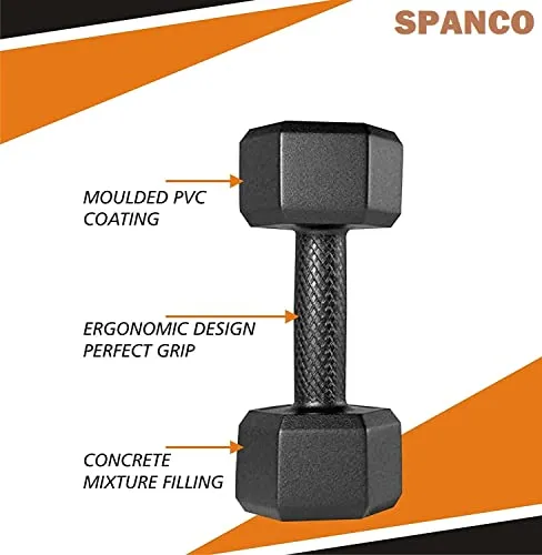 Spanco PVC (Hex Shape) Dumbbells (1 Kg. X 2 = 2 Kg) Pack of 2 for Home Gym Equipment Fitness Barbell|Gym Exercise|Home Workout | Fitness Kit|Dumbbells Weights for Whole Body Workout, Black