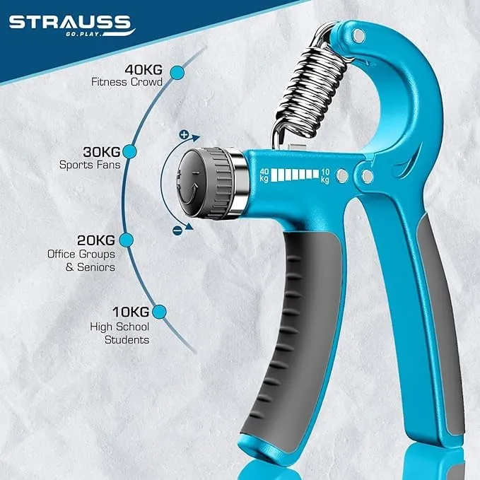 Strauss Adjustable Hand Grip| Adjustable Resistance (10KG - 40KG) | Hand Gripper for Home & Gym Workouts | Perfect for Finger & Forearm Hand Exercises & Strength Building (Black/Blue) Pack of 12