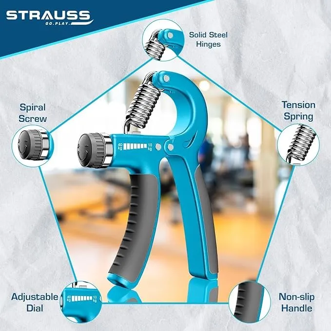 Strauss Adjustable Hand Grip| Adjustable Resistance (10KG - 40KG) | Hand Gripper for Home & Gym Workouts | Perfect for Finger & Forearm Hand Exercises & Strength Building (Black/Blue) Pack of 12