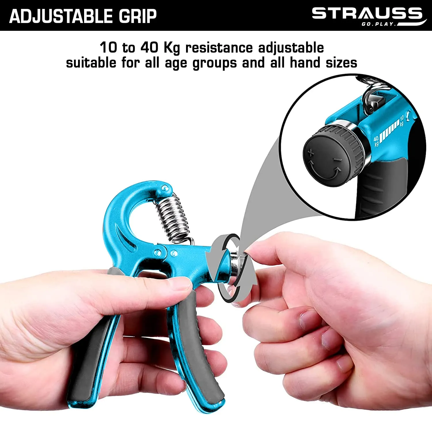 Strauss Adjustable Hand Grip| Adjustable Resistance (10KG - 40KG) | Hand Gripper for Home & Gym Workouts | Perfect for Finger & Forearm Hand Exercises & Strength Building for Men & Women (Black/Blue)