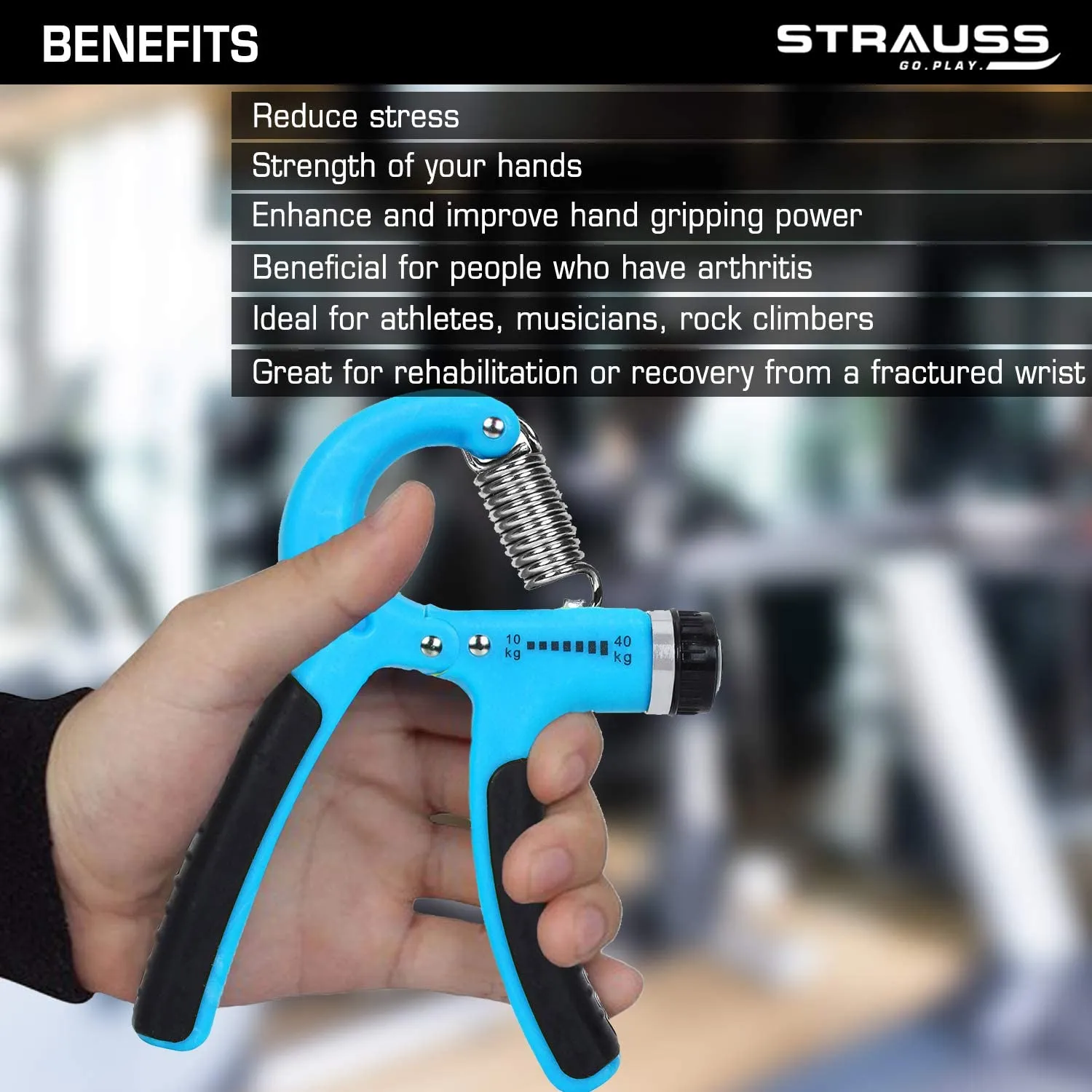 Strauss Adjustable Hand Grip| Adjustable Resistance (10KG - 40KG) | Hand Gripper for Home & Gym Workouts | Perfect for Finger & Forearm Hand Exercises & Strength Building for Men & Women (Black/Blue)