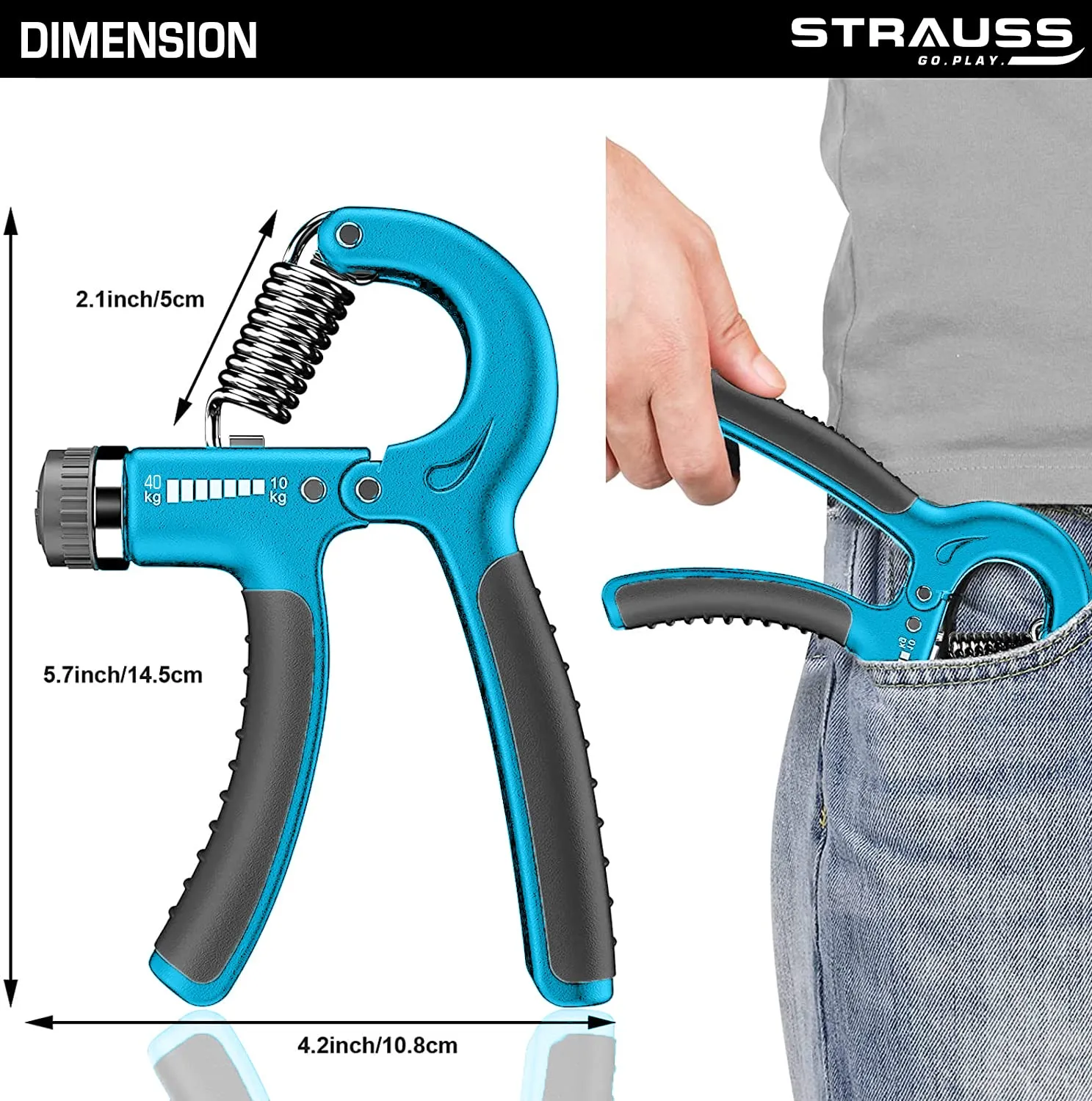 Strauss Adjustable Hand Grip| Adjustable Resistance (10KG - 40KG) | Hand Gripper for Home & Gym Workouts | Perfect for Finger & Forearm Hand Exercises & Strength Building for Men & Women (Black/Blue)