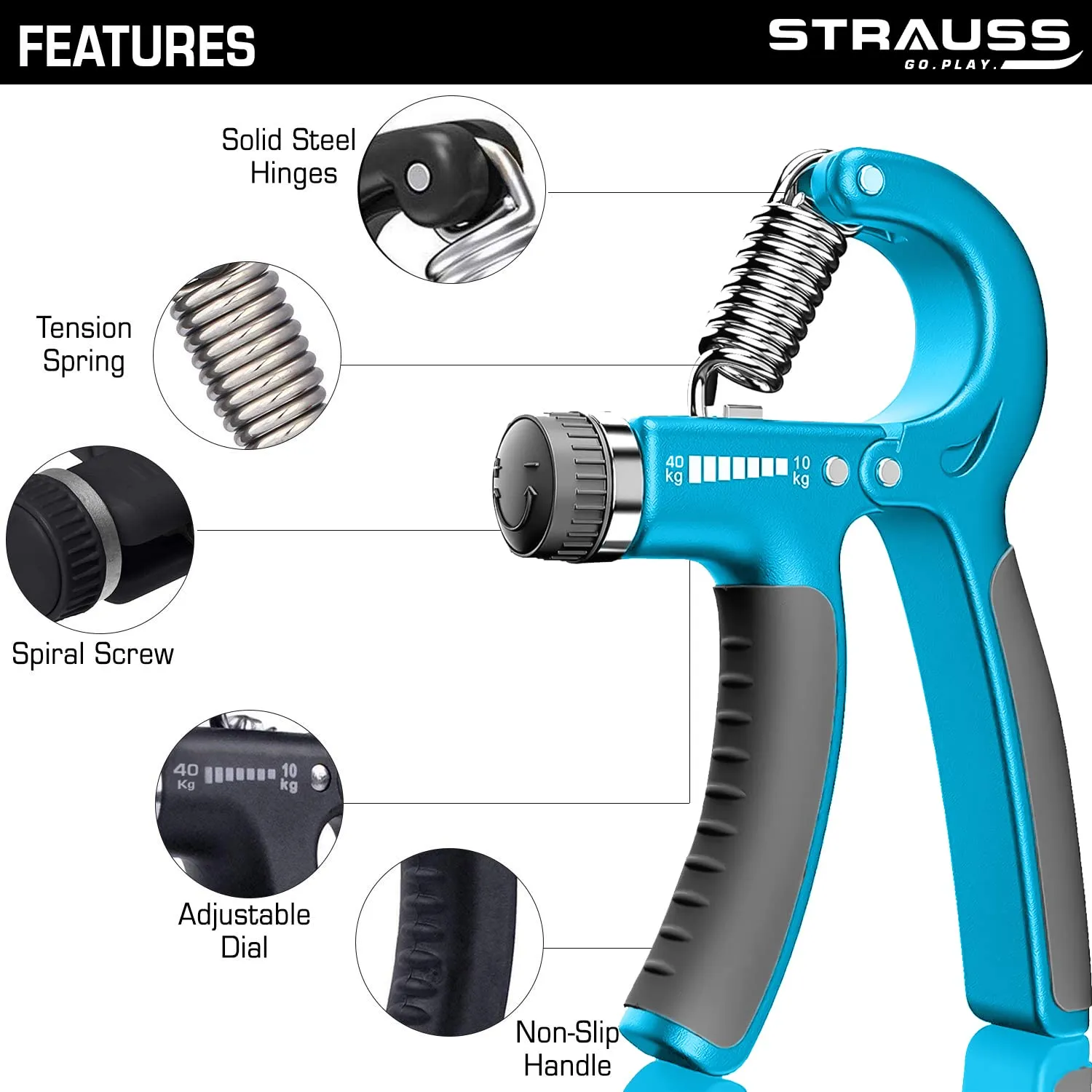 Strauss Adjustable Hand Grip| Adjustable Resistance (10KG - 40KG) | Hand Gripper for Home & Gym Workouts | Perfect for Finger & Forearm Hand Exercises & Strength Building for Men & Women (Black/Blue)