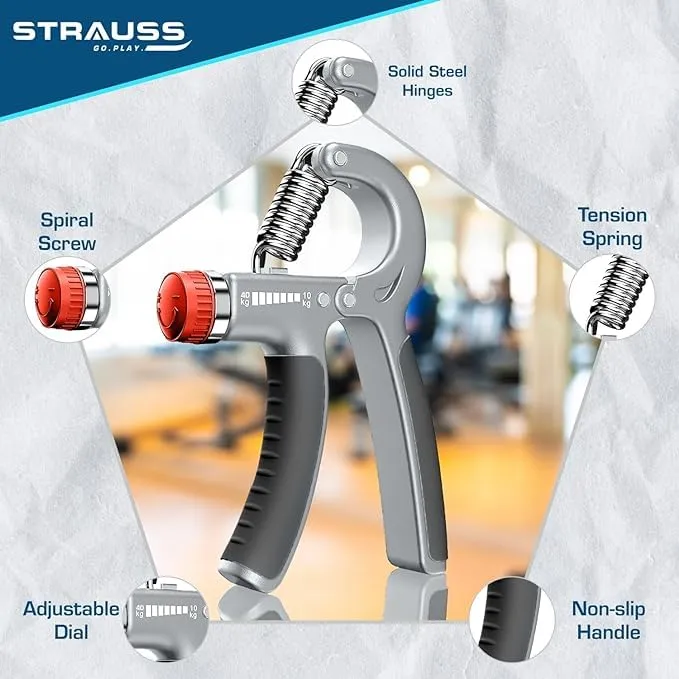 Strauss Adjustable Hand Grip | Adjustable Resistance (10KG - 40KG) | Hand Gripper for Home & Gym Workouts | Perfect for Finger & Forearm Hand Exercises for Men & Women (Black/Grey) | Pack of 10