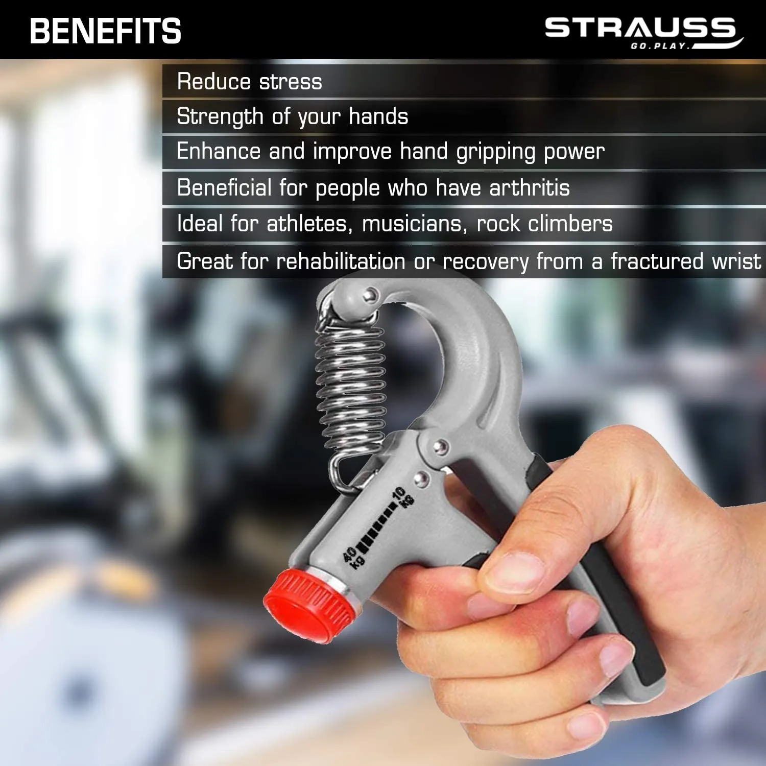 Strauss Adjustable Hand Grip | Adjustable Resistance (10KG - 40KG) | Hand Gripper for Home & Gym Workouts | Perfect for Finger & Forearm Hand Exercises for Men & Women (Black/Grey)