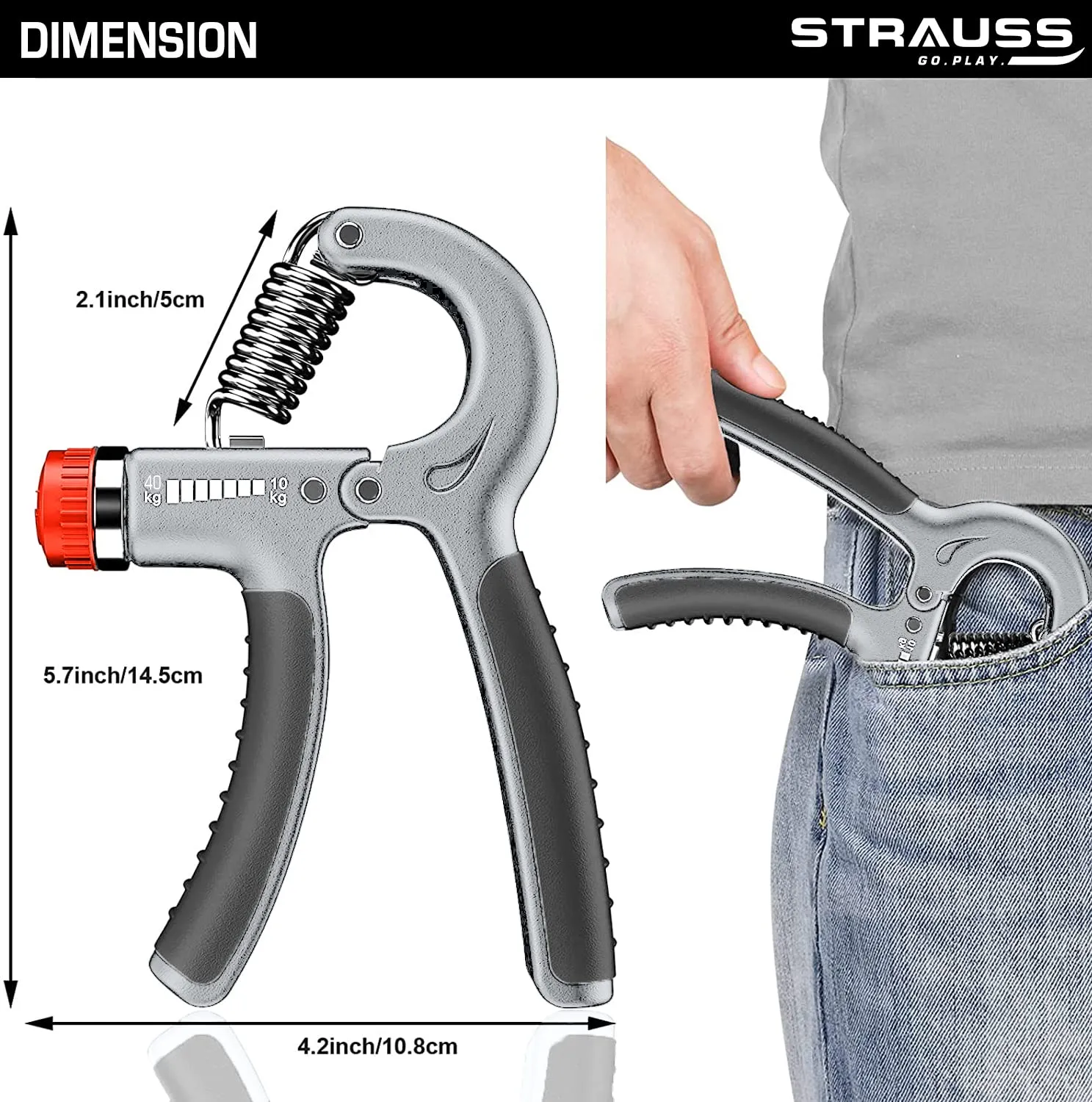 Strauss Adjustable Hand Grip | Adjustable Resistance (10KG - 40KG) | Hand Gripper for Home & Gym Workouts | Perfect for Finger & Forearm Hand Exercises for Men & Women (Black/Grey)