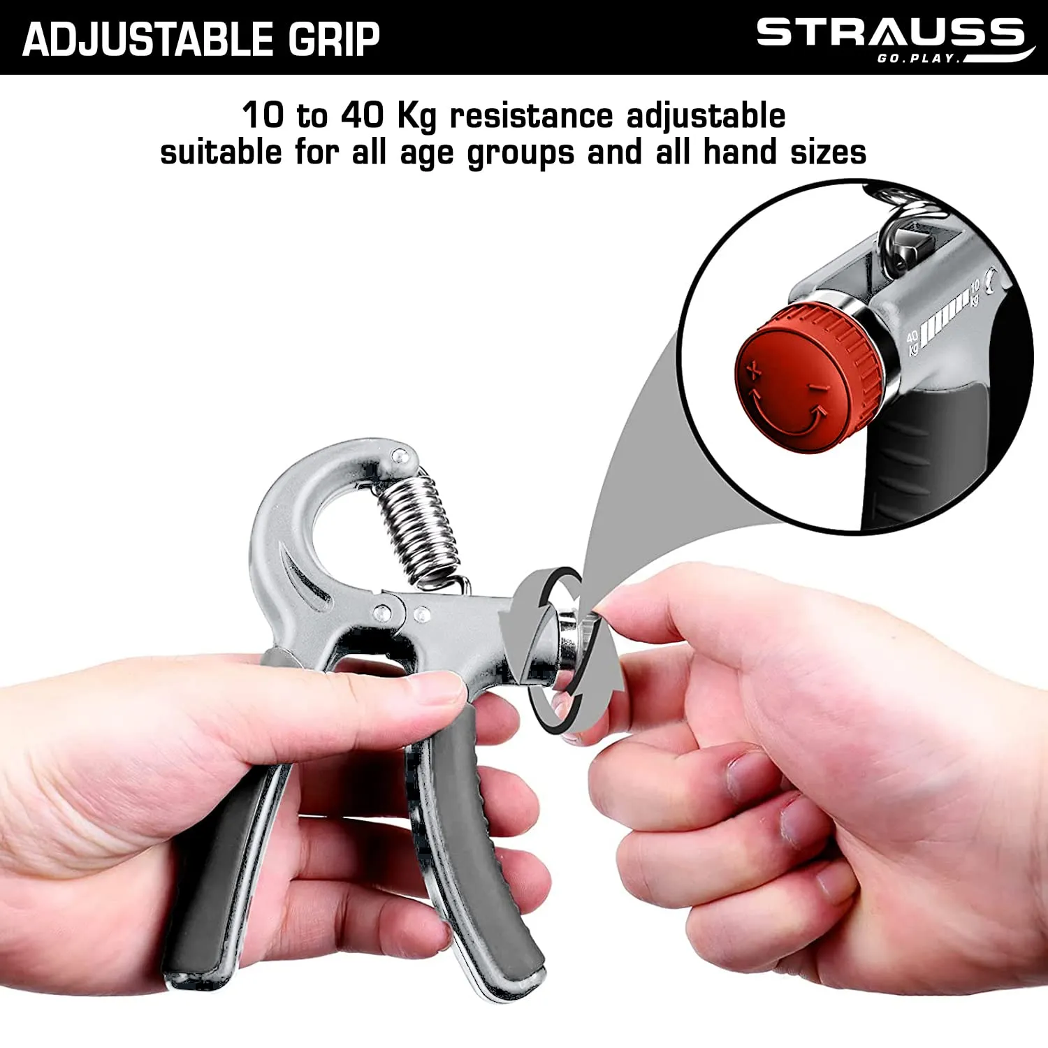 Strauss Adjustable Hand Grip | Adjustable Resistance (10KG - 40KG) | Hand Gripper for Home & Gym Workouts | Perfect for Finger & Forearm Hand Exercises for Men & Women (Black/Grey)