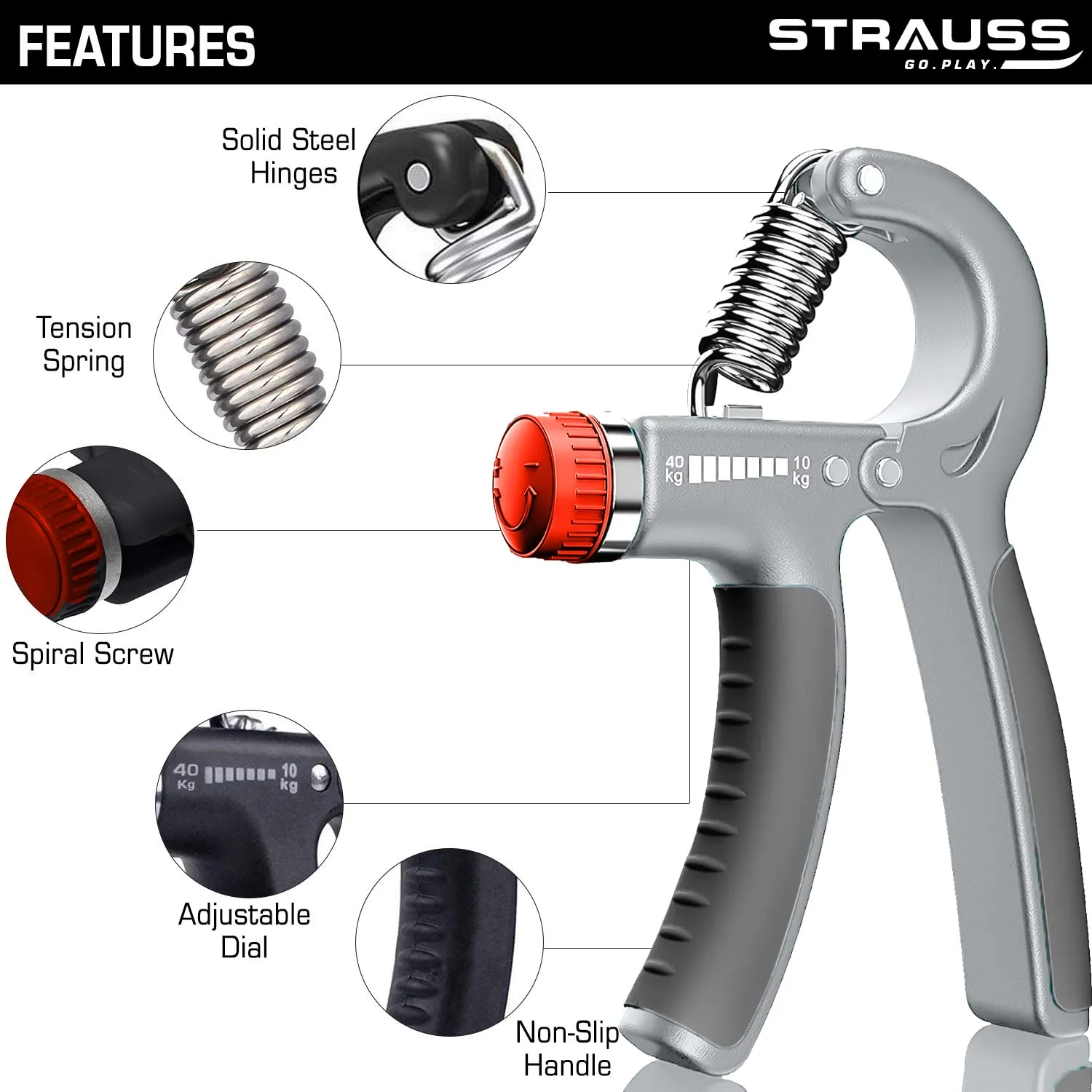 Strauss Adjustable Hand Grip | Adjustable Resistance (10KG - 40KG) | Hand Gripper for Home & Gym Workouts | Perfect for Finger & Forearm Hand Exercises for Men & Women (Black/Grey)