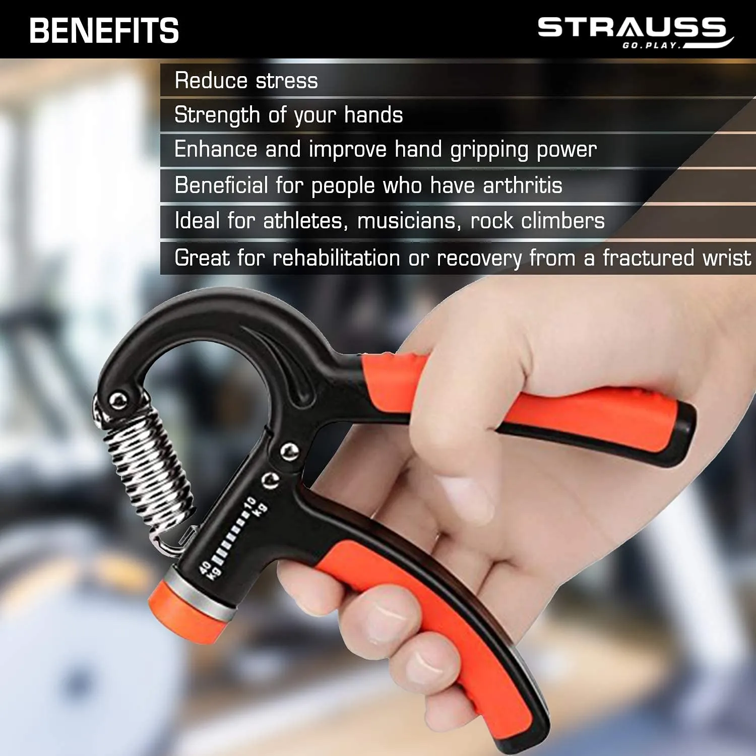 Strauss Adjustable Hand Grip| Adjustable Resistance (10KG - 40KG) | Hand Gripper for Home & Gym Workouts | Perfect for Finger & Forearm Hand Exercises for Men & Women (Black/Orange)