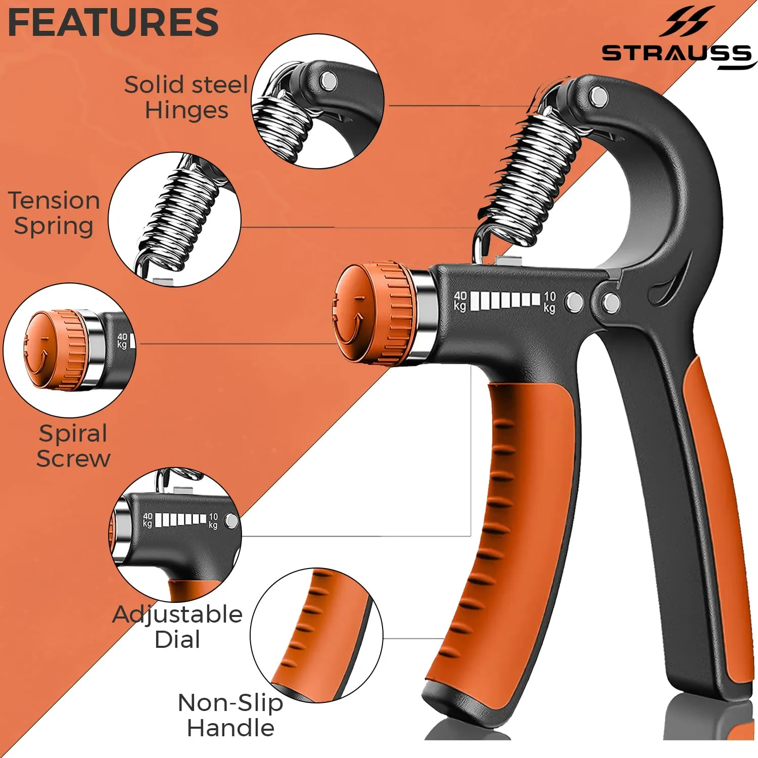 Strauss Adjustable Hand Grip| Adjustable Resistance (10KG - 40KG) | Hand Gripper for Home & Gym Workouts | Perfect for Finger & Forearm Hand Exercises for Men & Women (Black/Orange)