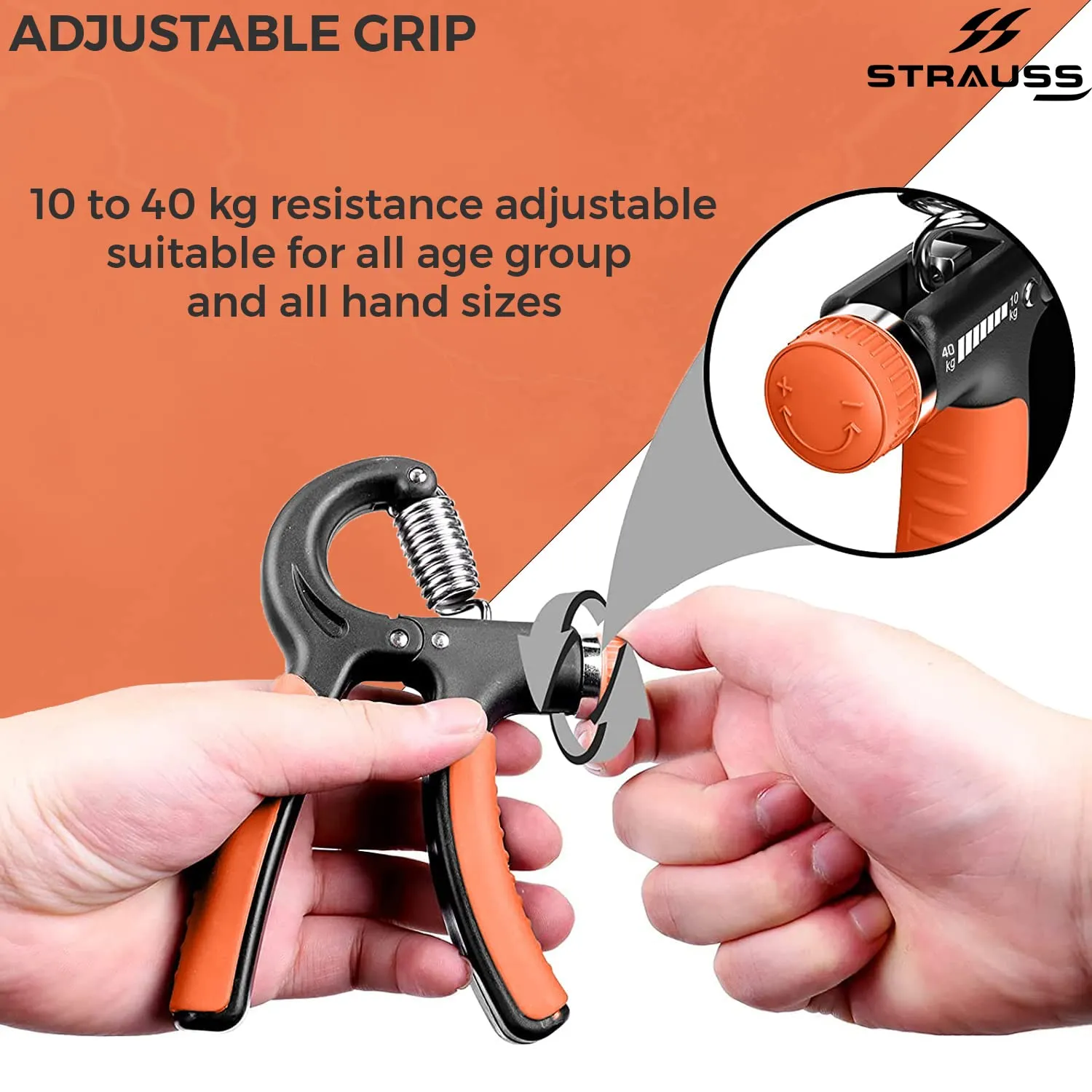 Strauss Adjustable Hand Grip| Adjustable Resistance (10KG - 40KG) | Hand Gripper for Home & Gym Workouts | Perfect for Finger & Forearm Hand Exercises for Men & Women (Black/Orange)