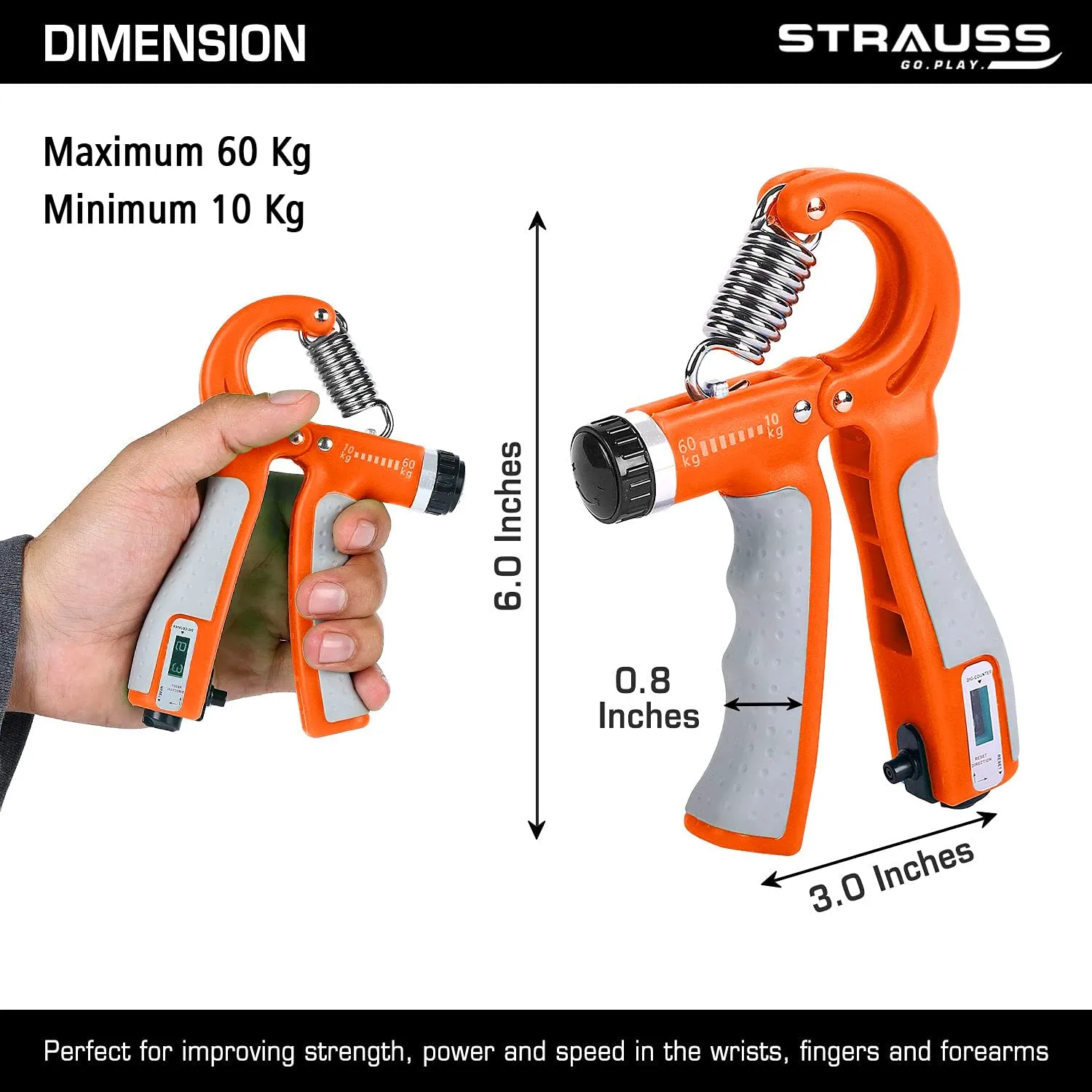 Strauss Adjustable Hand Grip with Counter | Adjustable Resistance (10KG - 60KG) | Hand Gripper for Home & Gym Workouts | Ideal for Forearm Hand Exercises & Strength Building for Men & Women,(Orange)