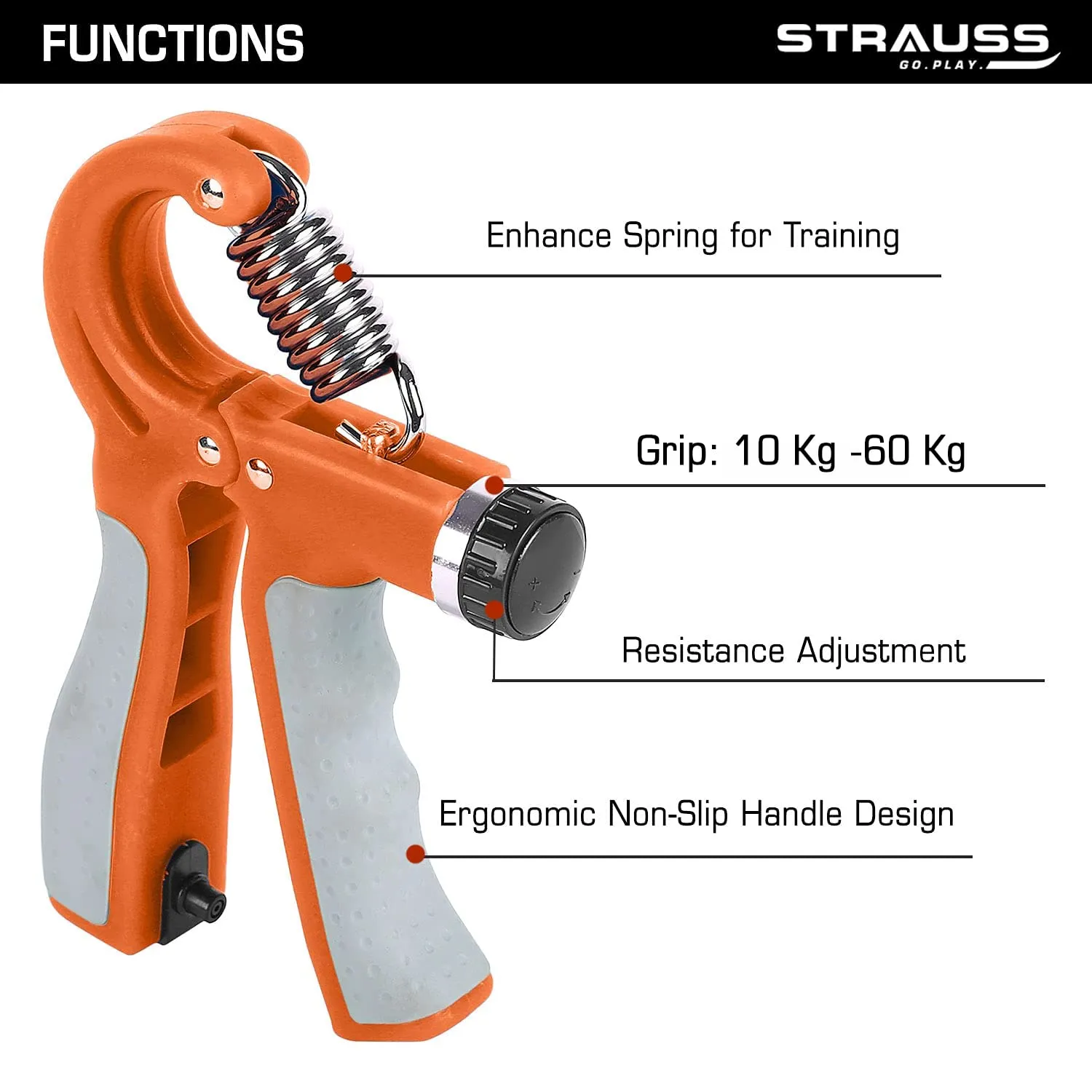 Strauss Adjustable Hand Grip with Counter | Adjustable Resistance (10KG - 60KG) | Hand Gripper for Home & Gym Workouts | Ideal for Forearm Hand Exercises & Strength Building for Men & Women,(Orange)