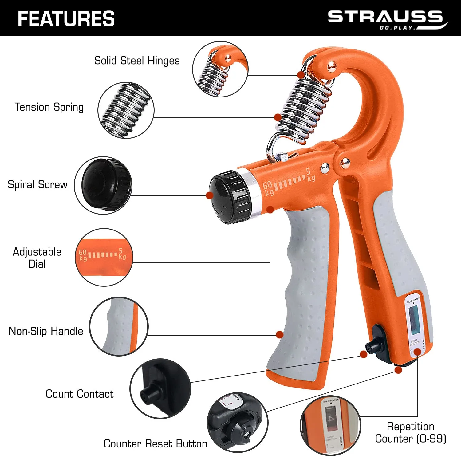 Strauss Adjustable Hand Grip with Counter | Adjustable Resistance (10KG - 60KG) | Hand Gripper for Home & Gym Workouts | Ideal for Forearm Hand Exercises & Strength Building for Men & Women,(Orange)