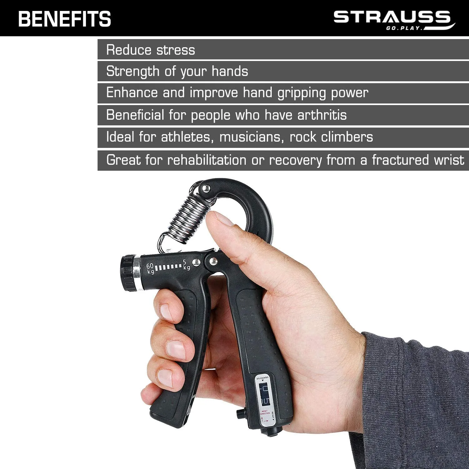 Strauss Adjustable Hand Grip with Counter | Adjustable Resistance (5KG - 60KG) | Hand Gripper for Home & Gym Workouts | Ideal for Forearm Hand Exercises & Strength Building for Men & Women,(Black)